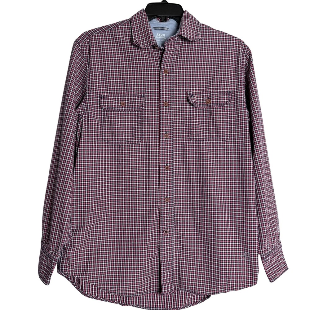 IZOD Saltwater Shirt Men M Red Plaid Two Pocket Workwear Utility Layer Button Up
